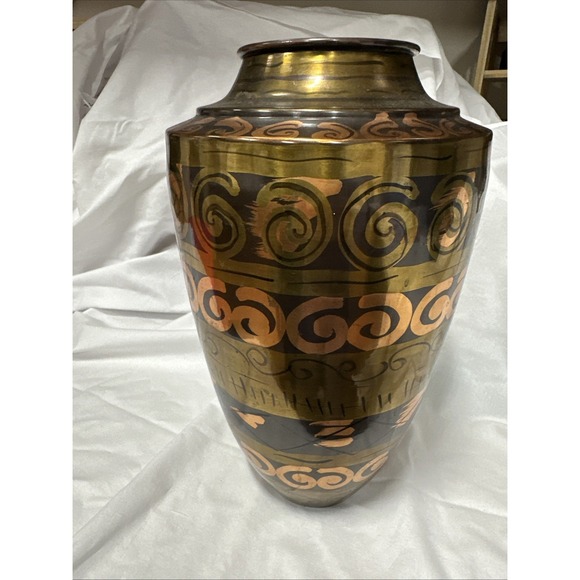 Brass Vintage Inlay Two Tone Ornate Decorative 12.5 H  x 8"W Vase From India - Picture 1 of 4